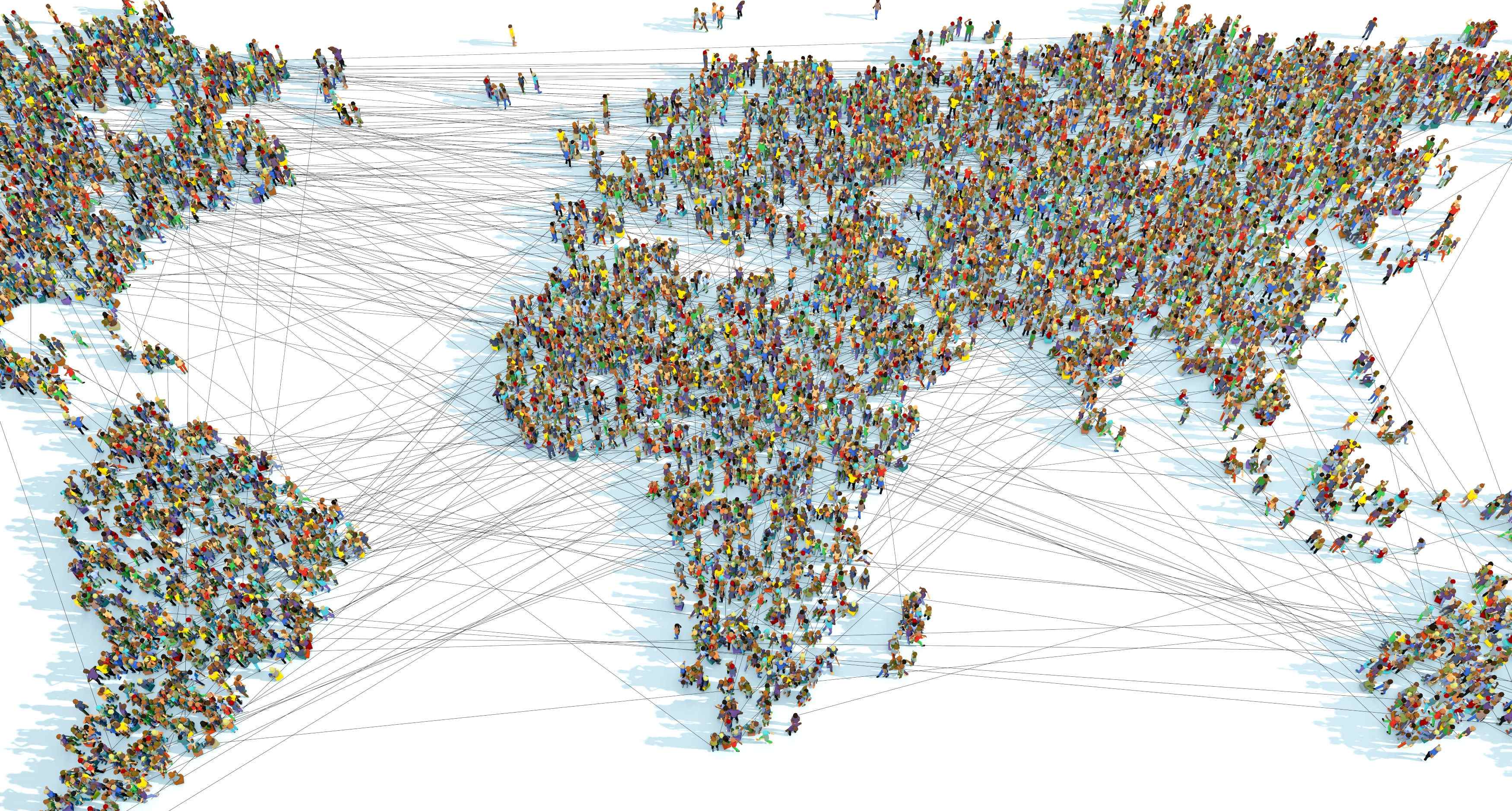 World map with line showing connections between people 